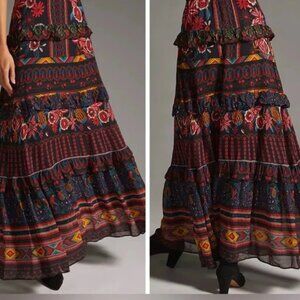 Farm Rio Garden Print Tiered Maxi Skirt